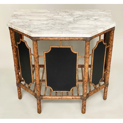 555 - BAMBOO CONSOLE TABLES, a pair, bamboo and cane bound with canted corner marble tops and undertier, 7... 