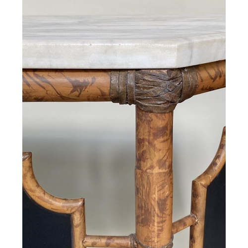 555 - BAMBOO CONSOLE TABLES, a pair, bamboo and cane bound with canted corner marble tops and undertier, 7... 