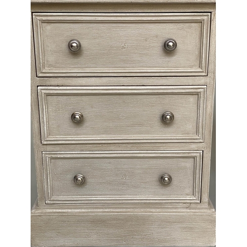 556 - BEDSIDE CHESTS, a pair, traditionally grey painted each with three drawers, 57cm W x 40cm D x 60cm H... 