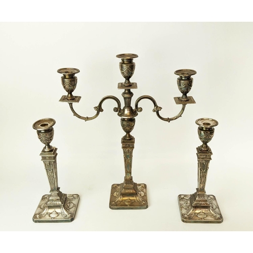 7 - A NEO-CLASSICAL STYLE SILVER CANDELABRUM AND CANDLESTICK SET, Birmingham 1969, makers mark for Barke... 