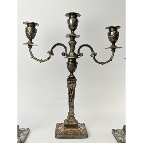 7 - A NEO-CLASSICAL STYLE SILVER CANDELABRUM AND CANDLESTICK SET, Birmingham 1969, makers mark for Barke... 