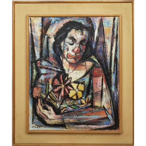 70 - MANUEL ITURRI (GUZMAN) (1928-1973) 'Arlequin Avec Fleurs', oil on canvas, 64cm x 49cm, signed, frame... 