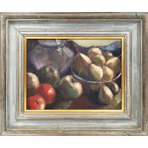 73 - NINA TROITZKY AROI, 'Apples and pears', oil on board, 17cm x 23cm, monogrammed, label to verso, fram... 