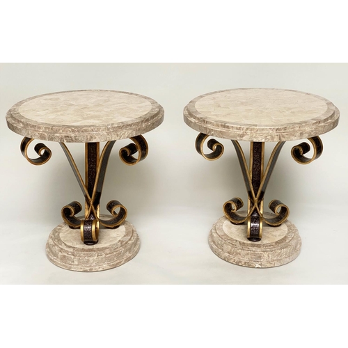 100 - OCCASIONAL/LAMP TABLES, a pair, circular with stepped and blocked two tone travertine marble top and... 