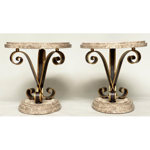 100 - OCCASIONAL/LAMP TABLES, a pair, circular with stepped and blocked two tone travertine marble top and... 