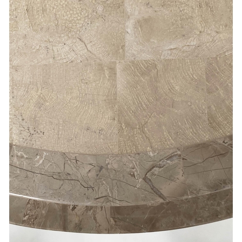 100 - OCCASIONAL/LAMP TABLES, a pair, circular with stepped and blocked two tone travertine marble top and... 