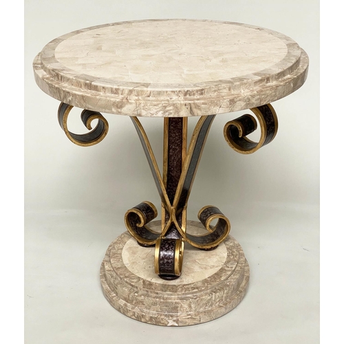 100 - OCCASIONAL/LAMP TABLES, a pair, circular with stepped and blocked two tone travertine marble top and... 