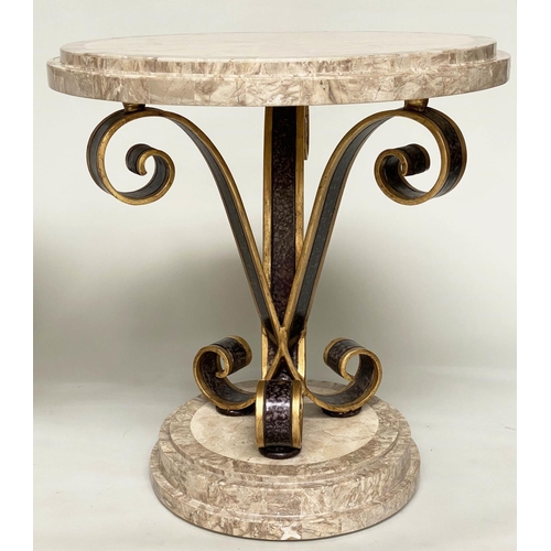 100 - OCCASIONAL/LAMP TABLES, a pair, circular with stepped and blocked two tone travertine marble top and... 