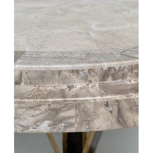 100 - OCCASIONAL/LAMP TABLES, a pair, circular with stepped and blocked two tone travertine marble top and... 