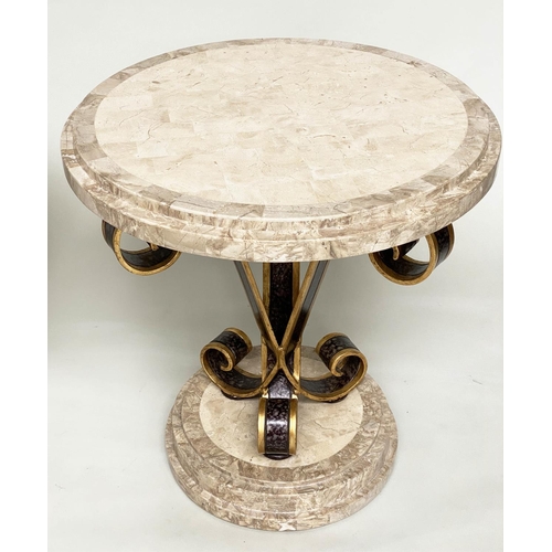 100 - OCCASIONAL/LAMP TABLES, a pair, circular with stepped and blocked two tone travertine marble top and... 