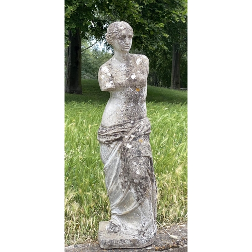 104 - VENUS DE MILO, well weathered reconstituted stone standing figure, 84cm H.