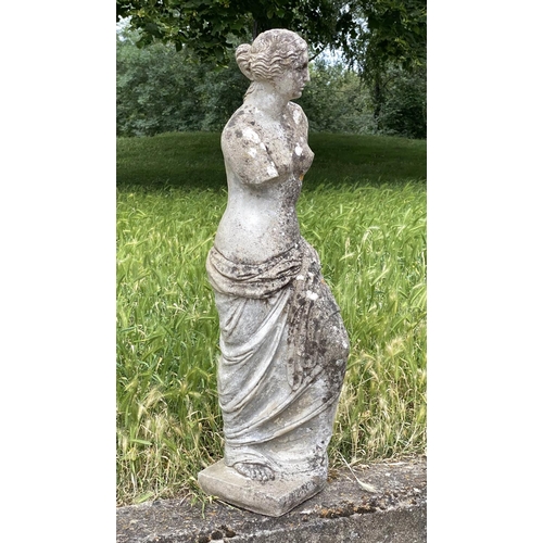 104 - VENUS DE MILO, well weathered reconstituted stone standing figure, 84cm H.