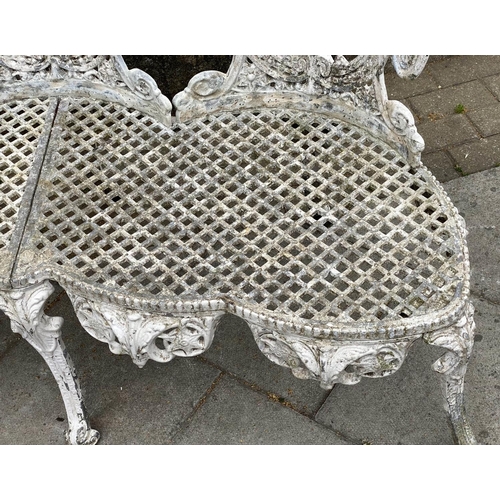 105 - GARDEN BENCH, well weathered cast aluminium white painted and pierced, 135cm W.