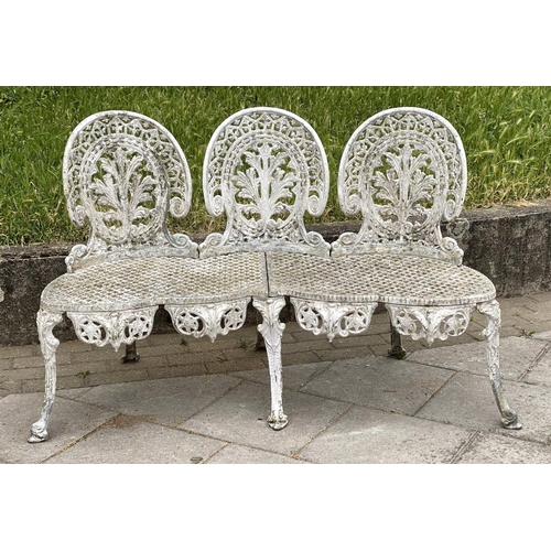 105 - GARDEN BENCH, well weathered cast aluminium white painted and pierced, 135cm W.