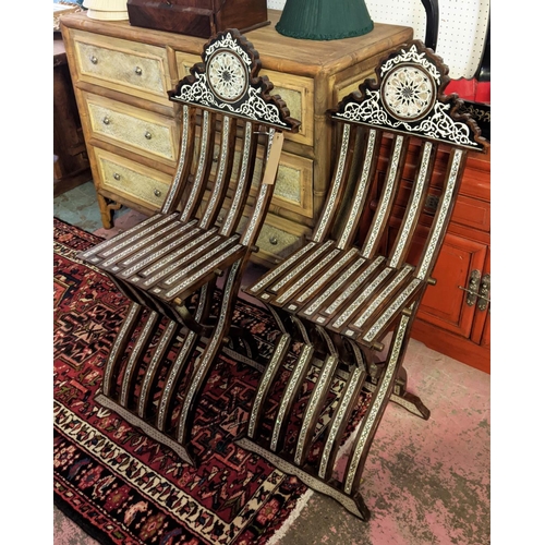 140 - DAMASCUS CHAIRS, a pair, inlaid with mother of pearl, folding, each 103cm H x 37cm W. (2)