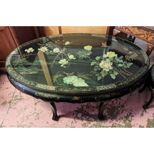 141 - CHINESE COFFEE TABLE AND SIX NESTING STOOLS, 127cm W x 76cm D x 55cm H, oval lacquered with applied ... 