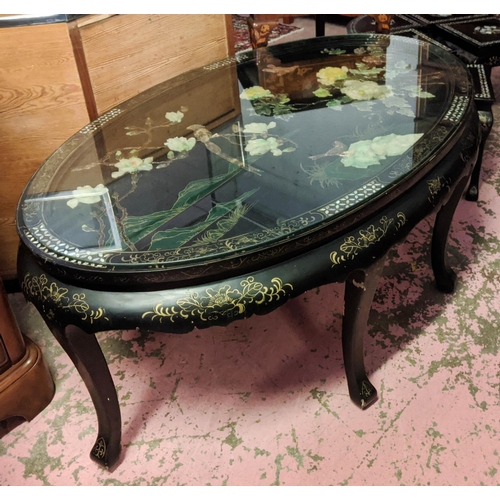 141 - CHINESE COFFEE TABLE AND SIX NESTING STOOLS, 127cm W x 76cm D x 55cm H, oval lacquered with applied ... 