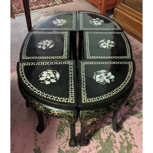 141 - CHINESE COFFEE TABLE AND SIX NESTING STOOLS, 127cm W x 76cm D x 55cm H, oval lacquered with applied ... 