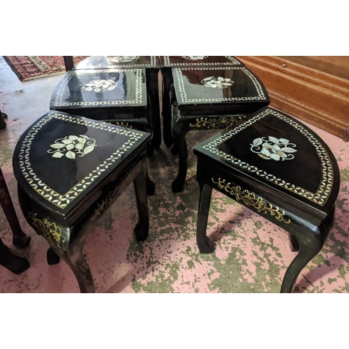 141 - CHINESE COFFEE TABLE AND SIX NESTING STOOLS, 127cm W x 76cm D x 55cm H, oval lacquered with applied ... 