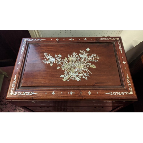 142 - CHINESE CABINET, 81cm H x 58cm W x 36cm D, rosewood with mother of pearl detail with a rising lid an... 