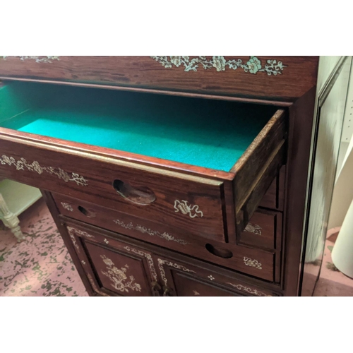 142 - CHINESE CABINET, 81cm H x 58cm W x 36cm D, rosewood with mother of pearl detail with a rising lid an... 