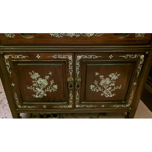 142 - CHINESE CABINET, 81cm H x 58cm W x 36cm D, rosewood with mother of pearl detail with a rising lid an... 