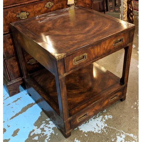 157 - CAMPAIGN STYLE SIDE TABLE, 61cm W x 81cm D x 68cm H, with two drawers and undertier.