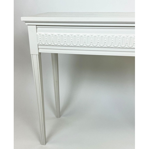 162 - HALL TABLES, a pair, Gustavian design, white painted finish, 78cm H x 85cm W x 40cm. (2)