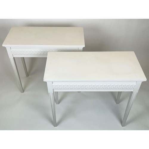 162 - HALL TABLES, a pair, Gustavian design, white painted finish, 78cm H x 85cm W x 40cm. (2)