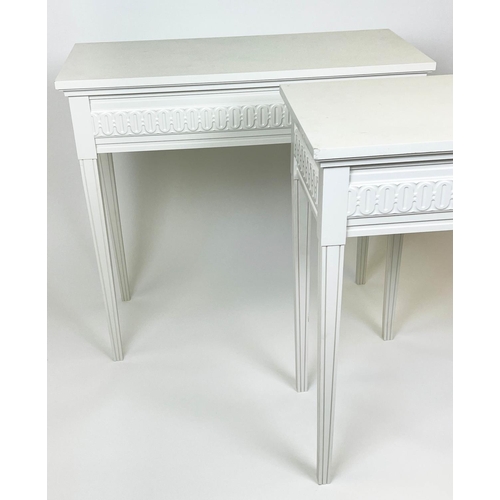 162 - HALL TABLES, a pair, Gustavian design, white painted finish, 78cm H x 85cm W x 40cm. (2)