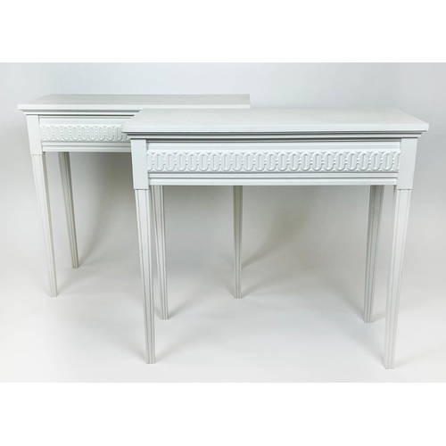 162 - HALL TABLES, a pair, Gustavian design, white painted finish, 78cm H x 85cm W x 40cm. (2)