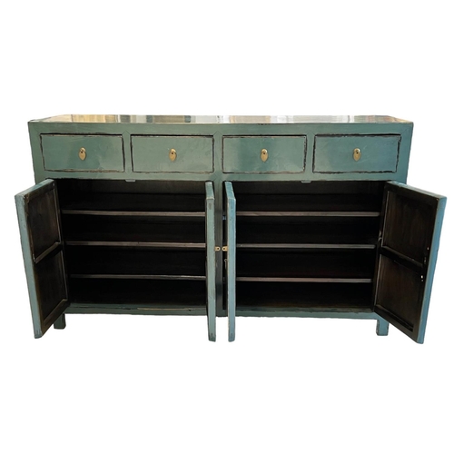 163 - SIDEBOARD, Chinese turquoise lacquered, with four drawers and four doors, 95cm H x 157cm x 44cm.