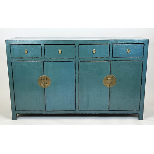 163 - SIDEBOARD, Chinese turquoise lacquered, with four drawers and four doors, 95cm H x 157cm x 44cm.