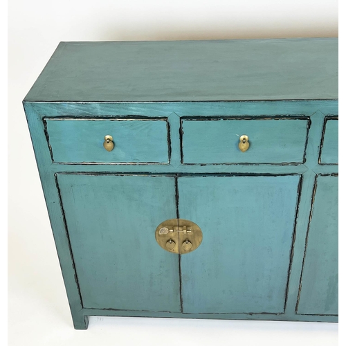 163 - SIDEBOARD, Chinese turquoise lacquered, with four drawers and four doors, 95cm H x 157cm x 44cm.