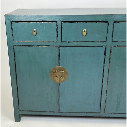 163 - SIDEBOARD, Chinese turquoise lacquered, with four drawers and four doors, 95cm H x 157cm x 44cm.