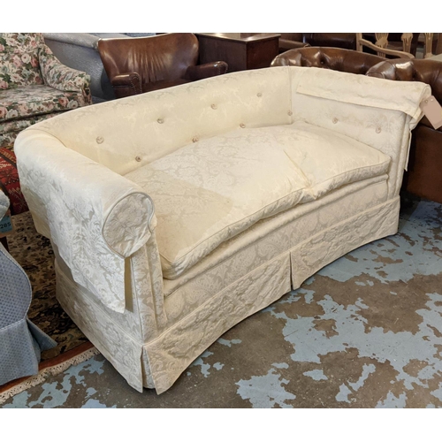 176 - CHESTERFIELD SOFA, 155cm x 77cm x 72cm H, cream damask with a concave front.