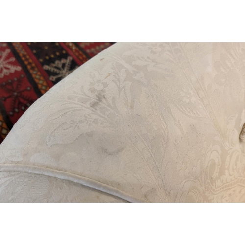 176 - CHESTERFIELD SOFA, 155cm x 77cm x 72cm H, cream damask with a concave front.