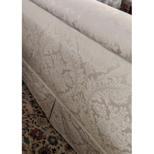 176 - CHESTERFIELD SOFA, 155cm x 77cm x 72cm H, cream damask with a concave front.