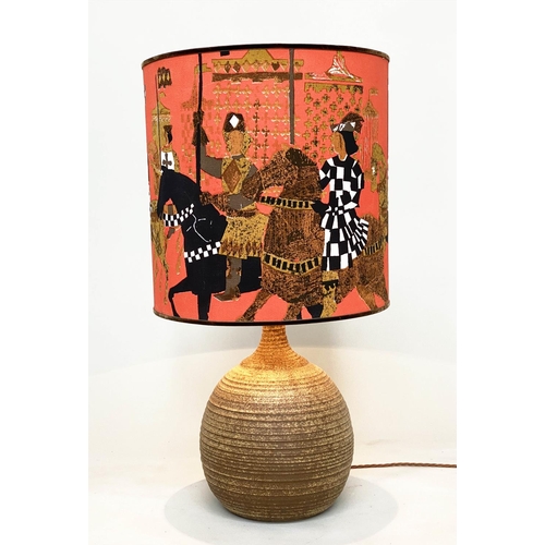 83 - TABLE LAMP, Studio Pottery thrown glazed earthenware with drum crusade knights shade, 76cm H.