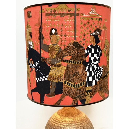 83 - TABLE LAMP, Studio Pottery thrown glazed earthenware with drum crusade knights shade, 76cm H.