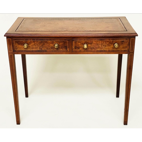 84 - LEATHER WRITING TABLE, George III style figured walnut and line inlaid with tooled leather writing s... 