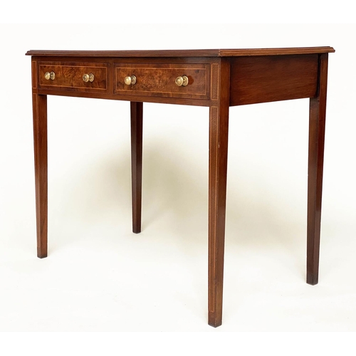 84 - LEATHER WRITING TABLE, George III style figured walnut and line inlaid with tooled leather writing s... 