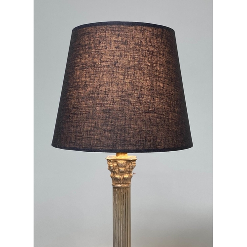 85 - TABLE LAMPS, a pair, silvered each with Corinthian capped reeded column with shades, 50cm H. (2)