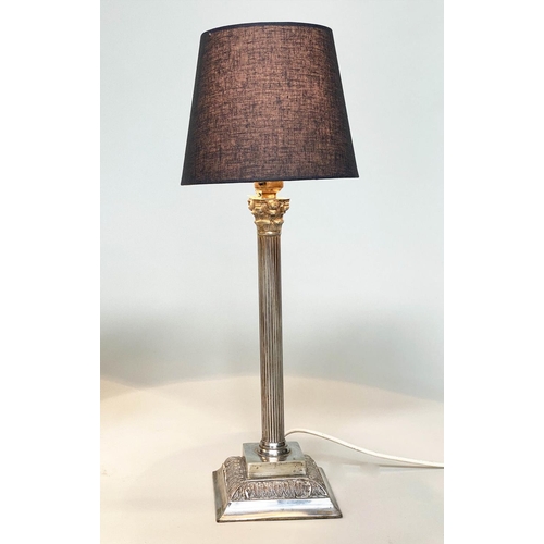 85 - TABLE LAMPS, a pair, silvered each with Corinthian capped reeded column with shades, 50cm H. (2)