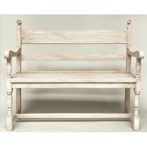 89 - HALL BENCH, antique grey painted with scroll carved detail and turned supports, 118cm W x 32cm D x 1... 