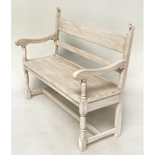 89 - HALL BENCH, antique grey painted with scroll carved detail and turned supports, 118cm W x 32cm D x 1... 