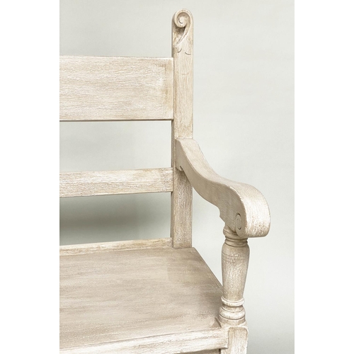 89 - HALL BENCH, antique grey painted with scroll carved detail and turned supports, 118cm W x 32cm D x 1... 