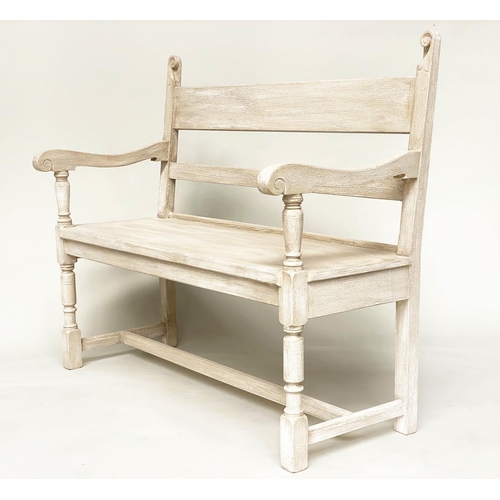 89 - HALL BENCH, antique grey painted with scroll carved detail and turned supports, 118cm W x 32cm D x 1... 