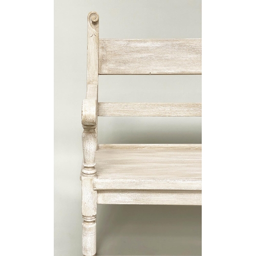 89 - HALL BENCH, antique grey painted with scroll carved detail and turned supports, 118cm W x 32cm D x 1... 