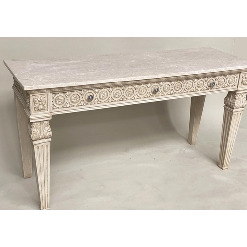 94 - CONSOLE TABLE, Italian grey painted Neo Classical style with fluted tapering supports, 151cm W x 79c... 